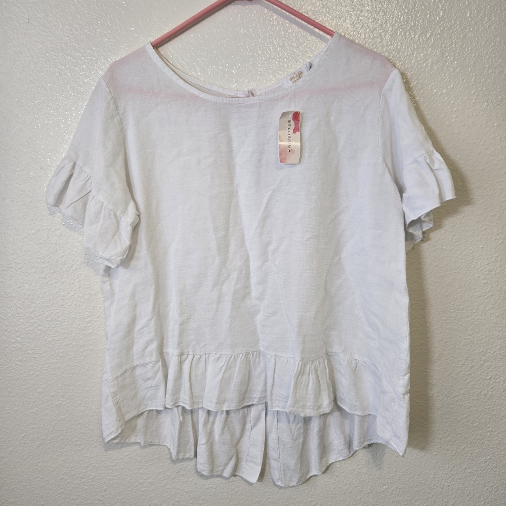 ME & GEE Italy Top Linen Cotton Ruffle Sleeve Peplum Abalone Button Up Back NWT